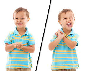 Image showing Child, two personality and mood happy or naughty boy in studio, white background or mockup space. Male person, kid and portrait or learning development for expression behavior, opposite or comparison