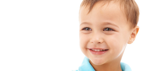 Image showing Boy, child and happy portrait in studio, white background and thinking in mockup space. Kid, face and smile with wellness, confidence and pride to start kindergarten with curious ideas or development