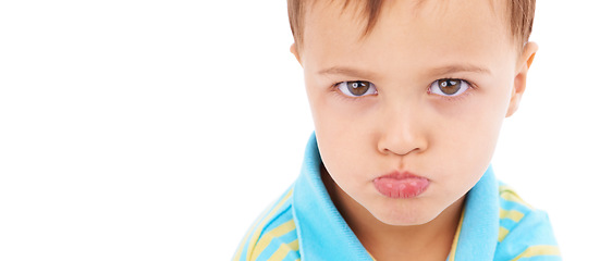 Image showing Boy child, sad and studio portrait with mockup space for mental health promotion by white background. Kid, face and person with headshot for banner, depression or frustrated with fear, moody or upset