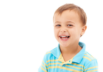 Image showing Child, laugh and portrait of boy in studio, white background and funny in mockup space. Kid, face and smile with wellness, confidence and pride to start kindergarten with trendy style and outfit