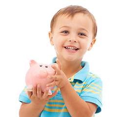 Image showing Kid, boy and piggy bank for change, portrait and smiling in studio by white background. Happy male person, child and money box for future, investing and cash growth in container, savings and security