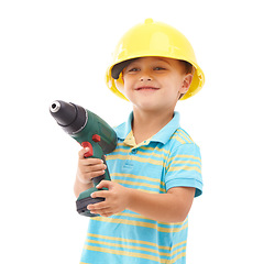Image showing Child, construction and hat or tools for play development or handyman, safety or drill. Boy, diy costume and studio white background as mockup space for future ambition or kid fun, engineer or build