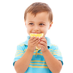 Image showing Eating, lemon and portrait of child with fruit in white background, studio and mockup space. Sour, slice and kid with healthy food, nutrition and citrus in diet for wellness and vitamin c benefits