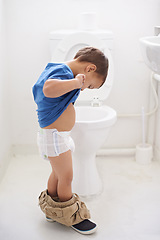 Image showing Boy child, potty training and toilet with thinking, diaper and pants on floor for learning, development and progress. Kid, family home and bathroom with ideas, problem solving or solution in nappy