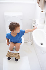 Image showing Boy child, potty training and toilet paper with sitting, diaper and thinking for learning, development or progress. Kid, family home and back in bathroom with tissue, hygiene or solution with nappy