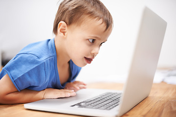 Image showing Boy child, laptop and reading in home with search, movies and cartoon with learning video for development. Kid, computer and watch at desk in family house for education, studying and online course