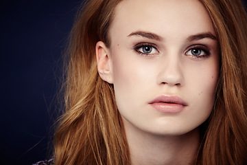 Image showing Woman, cosmetics and hair in studio portrait, keratin treatment and pride for results by black background. Female model person, beauty and aesthetic makeup, face and hairstyle care or confidence