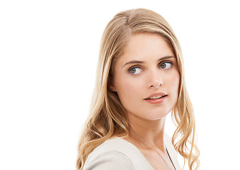 Image showing Woman, face and thinking in studio of idea or serious, wondering or daydreaming on mock up space. Model, person and thoughtful on white background with solution, contemplating or problem expression