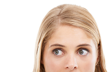 Image showing Half face, thinking and woman with question, solution or decision isolated on a white studio background mockup. Closeup, eyes and person with idea, remember memory and dream of planning future vision