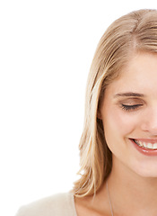 Image showing Woman, face and happy in studio with beauty, lash extensions and mascara for makeup on mock up space. Model, person and smile with cosmetics, dermatology and skincare treatment on white background