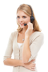 Image showing Woman, call center and communication in studio for customer service, CRM questions or help for IT support on white background. Telemarketing agent, consultant or microphone for FAQ, advice or contact