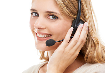 Image showing Call center, woman and face portrait in studio for customer service, CRM sales and FAQ questions on white background. Happy telemarketing agent with microphone for IT support, advice and contact us