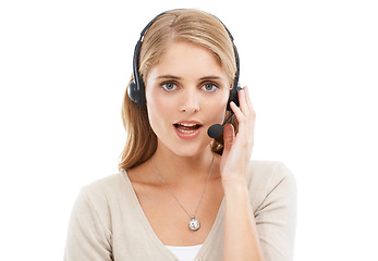 Image showing Call center, woman and portrait in studio for contact, customer service and FAQ questions on white background. Telemarketing agent with microphone for IT support, CRM advisory and telecom consulting