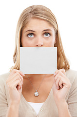 Image showing Thinking, face and woman with empty card, sign or poster for question in white background and mockup. Studio, space and person with a empty signage for information on choice, decision or cardboard