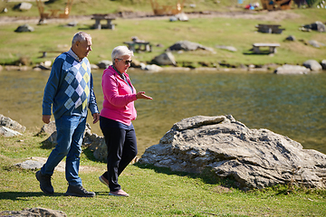 Image showing Elderly couple strolling through the breathtaking beauty of nature, maintaining their vitality and serenity, embracing the joys of a health-conscious and harmonious lifestyle