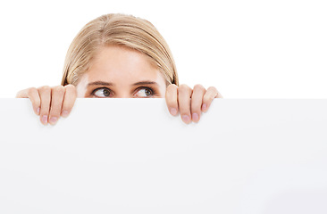 Image showing Thinking, face and woman with blank poster, sign or banner for question in white background and mockup. Studio, space and person with a empty signage for information on choice, decision or cardboard