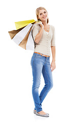 Image showing Happy portrait, woman or shopping bag in studio of retail discount, financial freedom or fashion savings on white background. Wealthy customer buying gifts for commerce deal, sales promotion or offer