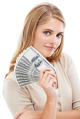 Image showing Woman, portrait and money fan in studio of dollars, finance and banking for financial freedom on white background. Wealthy winner with bills for lottery bonus, cash savings and investment of cashback