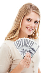 Image showing Portrait, woman and smile with money fan in studio for giveaway, gambling or financial freedom on white background. Wealthy winner, bills and prize of lotto bonus, cashback savings and finance reward