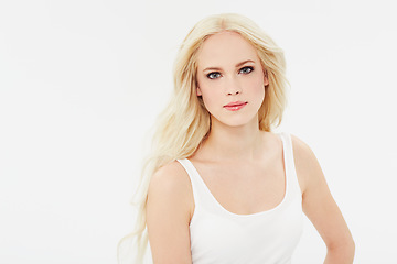 Image showing Beauty, cosmetics and woman in portrait with makeup in mock up, space and white background. Studio, model and blonde hair care in spa, salon or skincare dermatology with healthy glow from facial