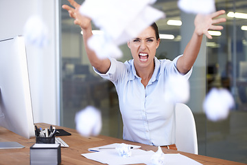 Image showing Angry, business portrait and woman throw documents over accounting mistake, audit disaster or bad financial results. Tax compliance, facial expression and accountant frustrated with economy crisis