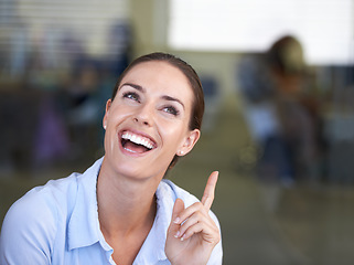 Image showing Thinking, face and happy woman with business idea, hand gesture and excited for company development, plan and solution. Wow, facial expression and office person with eureka emoji icon for conclusion