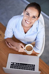 Image showing Portrait, business woman and coffee at laptop for break from planning online research at desk from above. Happy employee, office worker and lady drinking tea, beverage and mug at computer in company