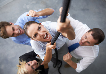 Image showing Office, people and woman climbing rope with effort, motivation and staff trust in team member for agency growth. Community, top view and professional person with determination, support and commitment