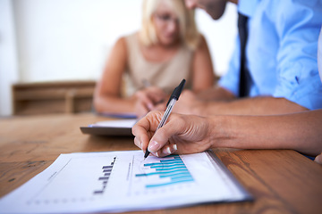 Image showing Business hands, documents and writing with data analysis, graphs and charts for financial report and budget in office meeting. People with paperwork, revenue and statistics for profit or sales