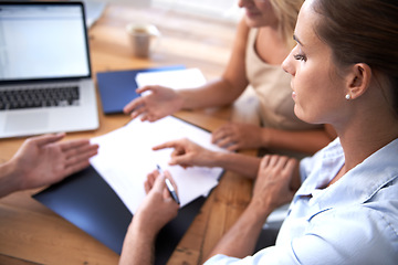 Image showing Documents, reading and corporate people cooperation on budget funding plan, proposal or brainstorming sales ideas. Feedback report, review and meeting on planning fundraising for business project