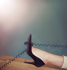 Image showing Shoes, table or relax woman with telephone cable in office for networking, consultation or communication. Work break, easy or closeup high heel of agent feet with phone call, landline or mockup space