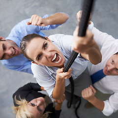 Image showing Business people, face and woman climbing rope with effort, motivation and support cheers for employee progress development. Energy, top view and person scream with determination, power and commitment