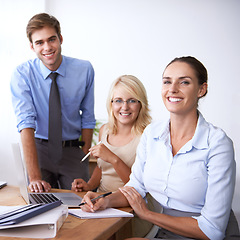 Image showing Portrait of happy business people with teamwork, confidence and career in accounting office. Financial advisor, professional accountant research and finance project manager at desk with smile on face