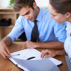 Image showing Business people, paperwork and notebook for planning, brainstorming and collaboration with schedule. Professional project manager and woman with teamwork and calendar review, documents or job goals