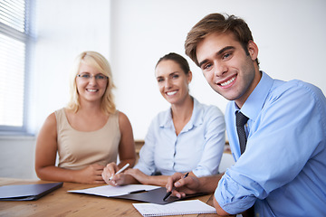 Image showing Paperwork, happy and portrait of professional people teamwork on company funding plan, project or strategy. Meeting, job experience or staff cooperation on finance numbers, budget or sales folder