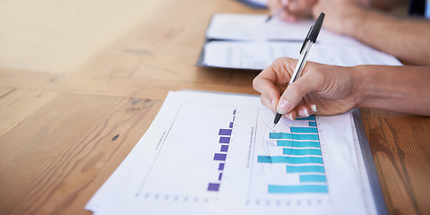 Image showing Business hands, paperwork and writing with data analysis, graphs and charts for financial report and budget in office meeting. People with documents, revenue and statistics for profit or sales growth