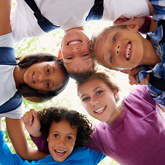 Image showing Children, woman and huddle in happy portrait, trees and sunshine with outdoor on playground. Students, teacher or diversity on school field, summer or solidarity with education support in urban town