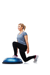 Image showing Workout, half ball and woman doing lunge for wellness, physical exercise or legs strength performance. Aerobics, balance dome platform and studio person in stability training on white background