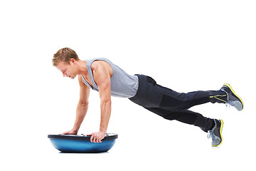 Image showing Man, half ball and push up or fitness in studio, core strength and workout challenge for wellness. Male person, athlete and equipment for training, mockup space and performance by white background