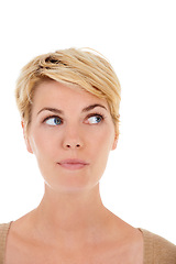 Image showing Woman, face and thinking for choice, decision or question on a white studio background. Closeup of female person, model or blonde in wonder or thought for selection, idea or doubt on mockup space