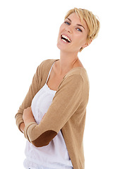 Image showing Smile, fashion and portrait of woman in studio with casual, trendy and stylish outfit. Happy, crossed arms and female person with cool style and confident attitude isolated by white background