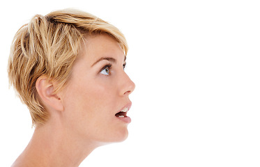 Image showing Woman, face and shock on mockup space for news, notification or alert on a white studio background. Closeup, profile or female person, model or blonde looking with facial expression at special offer