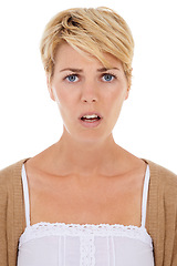 Image showing Shocked woman, portrait and disappointed for news, unfair or failure on a white studio background. Face of female person, model or blonde and facial expression or emotion in concern, worry or trouble