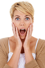 Image showing Woman, portrait and face in surprise for news, notification or alert isolated on a white studio background. Female person, model or blonde in shock or facial expression with hands on cheek for gossip