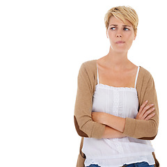 Image showing Woman, thinking and arms crossed in doubt, choice or decision on a white studio background. Young female person, model or blonde looking in distance, wonder or thought for ideas on mockup space