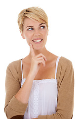 Image showing Happy woman, face and thinking for idea, choice or decision isolated on a white studio background. Female person, model or blonde smile in wonder or thought for brainstorming or positive mindset