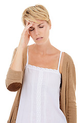 Image showing Frustrated woman, headache and mistake in stress, burnout or anxiety on a white studio background. Face of tired or fatigue young female person with migraine in mental health, depression or breakdown