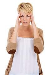 Image showing Frustrated woman, headache and mistake in burnout, anxiety or mental health on a white studio background. Tired or fatigue young female person with migraine in stress or depression or breakdown