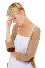 Image showing Frustrated woman, headache and mistake in depression, burnout or anxiety on a white studio background. Face of tired or fatigue young female person with migraine in mental health, stress or breakdown