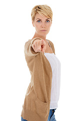 Image showing Woman, portrait and pointing to you for selection, choice or decision on a white studio background. Face of young serious female person, model or blonde with target finger for picking or choosing